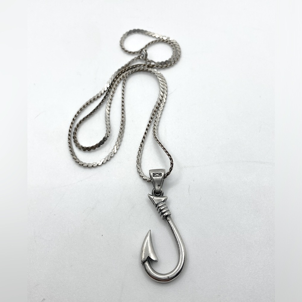 Axion Sterling Silver Fish Hook Fishhook Pendant w Sterling Chain 19” + 1.6”